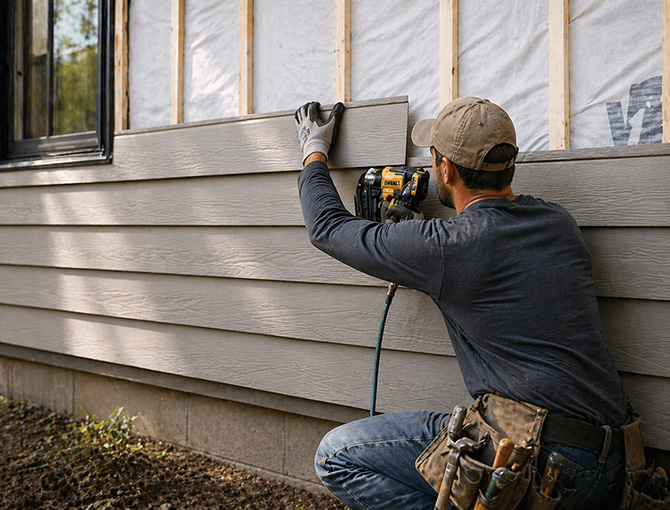 Worker installing exterior siding on residential home with nail gun