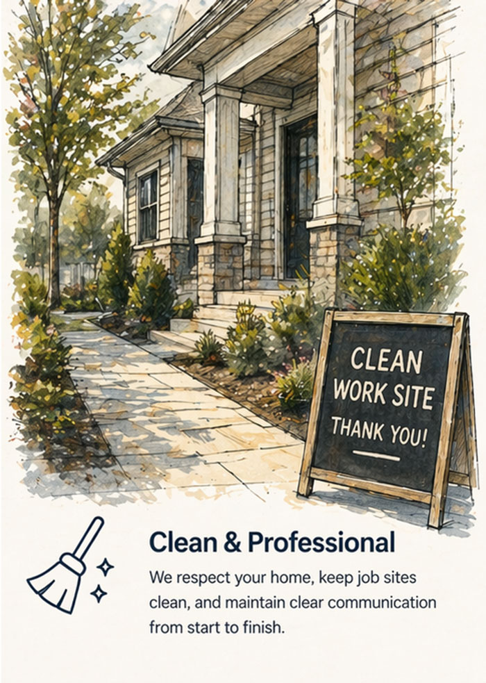 Illustration of clean residential exterior with landscaping and organized job site