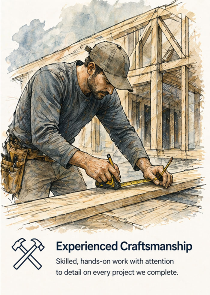 Illustration of construction worker measuring and building wood framing with tools