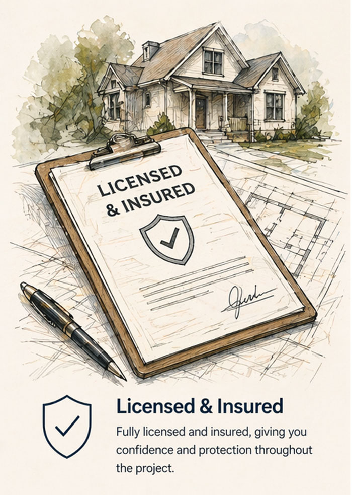 Illustration of contractor license and insurance documents with house sketch in background