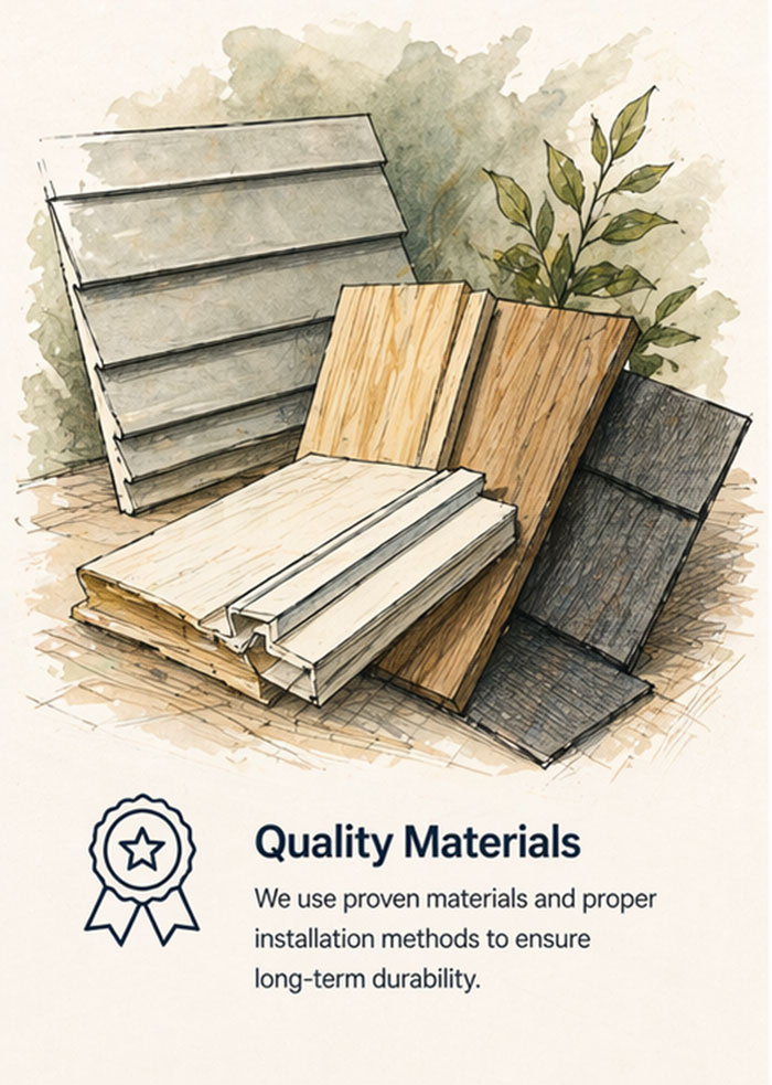 Illustration of siding and construction materials prepared for exterior renovation project